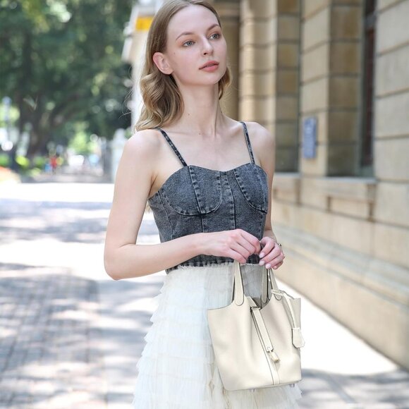 ⚡Women 07BeigeTrendy Genuine Leather Imported Bucket Bag Tote Top Handle Purses - Picture 4 of 6